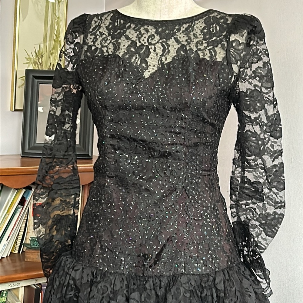 Vintage Black Sequin & Lace Cocktail Dress 4 - Picture 2 of 11